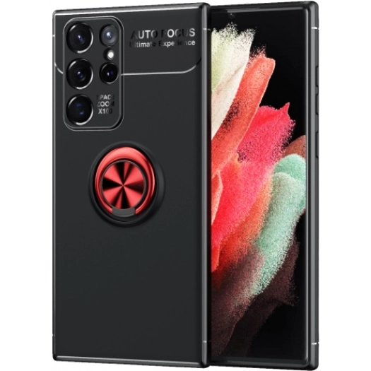 Samsung Galaxy S22 Ultra Kılıf Renkli Silikon Yüzüklü Standlı Auto Focus Ravel Kapak - Kırmızı - Siyah