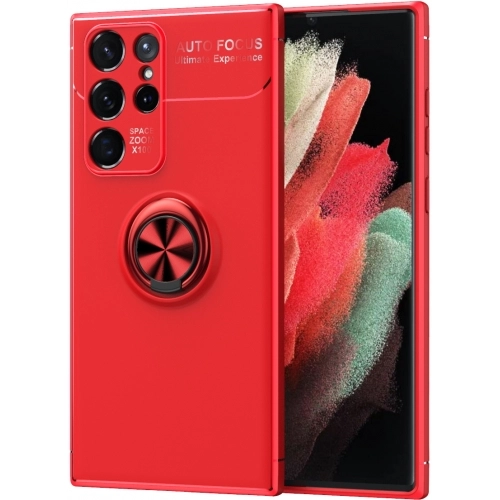 Samsung Galaxy S22 Ultra Kılıf Renkli Silikon Yüzüklü Standlı Auto Focus Ravel Kapak - Kırmızı