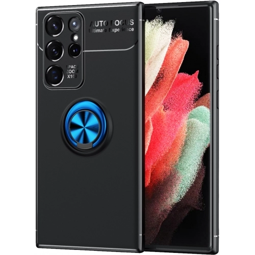 Samsung Galaxy S22 Ultra Kılıf Renkli Silikon Yüzüklü Standlı Auto Focus Ravel Kapak - Mavi - Siyah