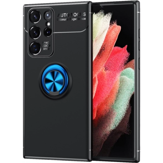 Samsung Galaxy S22 Ultra Kılıf Renkli Silikon Yüzüklü Standlı Auto Focus Ravel Kapak - Mavi - Siyah