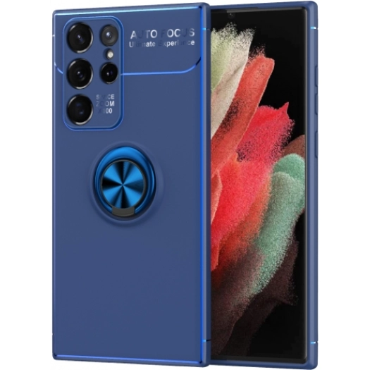 Samsung Galaxy S22 Ultra Kılıf Renkli Silikon Yüzüklü Standlı Auto Focus Ravel Kapak - Mavi