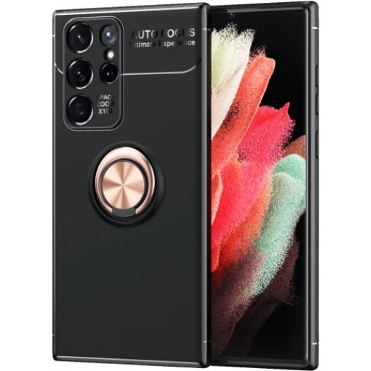 Samsung Galaxy S22 Ultra Kılıf Renkli Silikon Yüzüklü Standlı Auto Focus Ravel Kapak - Rose Gold