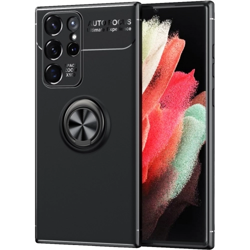 Samsung Galaxy S22 Ultra Kılıf Renkli Silikon Yüzüklü Standlı Auto Focus Ravel Kapak - Siyah