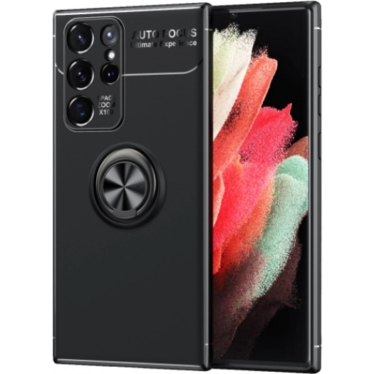 Samsung Galaxy S22 Ultra Kılıf Renkli Silikon Yüzüklü Standlı Auto Focus Ravel Kapak - Siyah