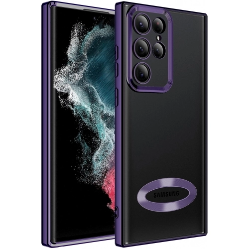 Samsung Galaxy S22 Ultra Kılıf Kamera Lens Korumalı Şeffaf Renkli Logo Gösteren Parlak Kapak - Koyu Mor