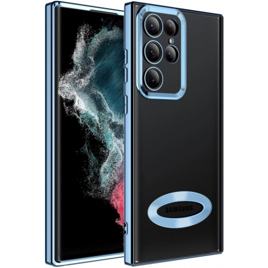 Samsung Galaxy S22 Ultra Kılıf Kamera Lens Korumalı Şeffaf Renkli Logo Gösteren Parlak Kapak - Mavi