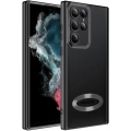 Samsung Galaxy S22 Ultra Kılıf Kamera Lens Korumalı Şeffaf Renkli Logo Gösteren Parlak Kapak - Siyah