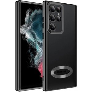 Samsung Galaxy S22 Ultra Kılıf Kamera Lens Korumalı Şeffaf Renkli Logo Gösteren Parlak Kapak - Siyah