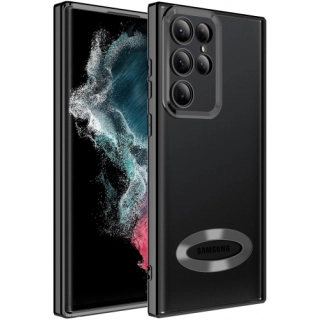 Samsung Galaxy S22 Ultra Kılıf Kamera Lens Korumalı Şeffaf Renkli Logo Gösteren Parlak Kapak - Siyah