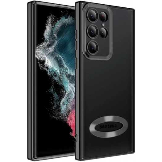 Samsung Galaxy S22 Ultra Kılıf Kamera Lens Korumalı Şeffaf Renkli Logo Gösteren Parlak Kapak - Siyah
