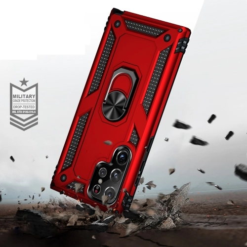 Samsung Galaxy S22 Ultra Kılıf Silikon Zırhlı Standlı Yüzüklü Mıknatıslı Tank Kapak - Kırmızı