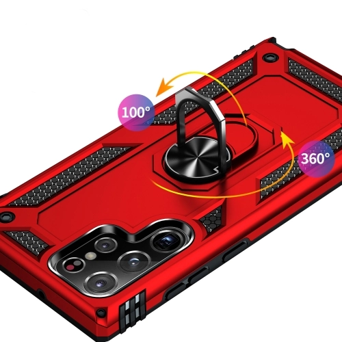 Samsung Galaxy S22 Ultra Kılıf Silikon Zırhlı Standlı Yüzüklü Mıknatıslı Tank Kapak - Rose Gold