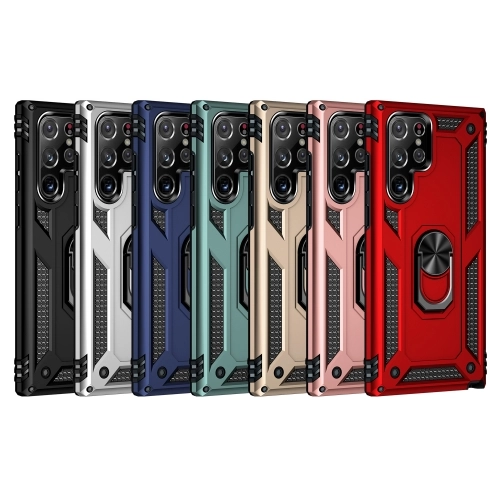 Samsung Galaxy S22 Ultra Kılıf Silikon Zırhlı Standlı Yüzüklü Mıknatıslı Tank Kapak - Siyah