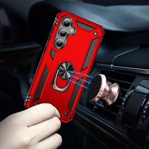 Samsung Galaxy S23 FE Kılıf Silikon Zırhlı Standlı Yüzüklü Mıknatıslı Tank Kapak - Kırmızı