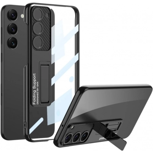 Samsung Galaxy S23 Kılıf Kamera Korumalı Şeffaf Tasarımlı Lego Standlı Kapak - Siyah