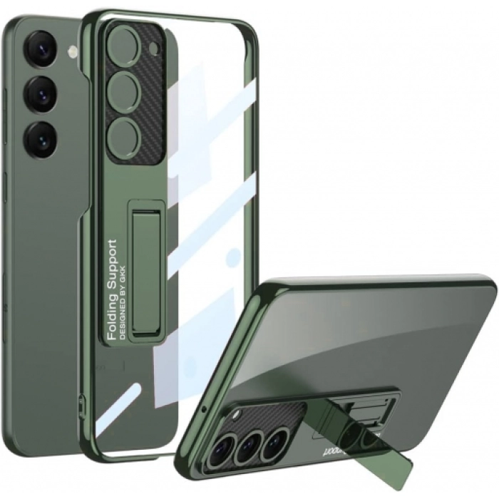 Samsung Galaxy S23 Kılıf Kamera Korumalı Şeffaf Tasarımlı Lego Standlı Kapak - Yeşil