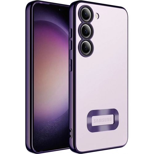 Samsung Galaxy S23 Kılıf Kamera Lens Korumalı Şeffaf Renkli Logo Gösteren Parlak Kapak - Koyu Mor