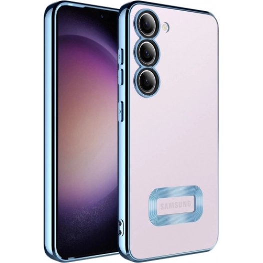 Samsung Galaxy S23 Kılıf Kamera Lens Korumalı Şeffaf Renkli Logo Gösteren Parlak Kapak - Mavi