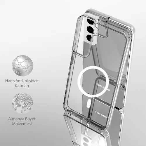 Samsung Galaxy S23 Kılıf Magsafe Şarj Özellikli Şeffaf Sert PC Embos Kapak - Şeffaf
