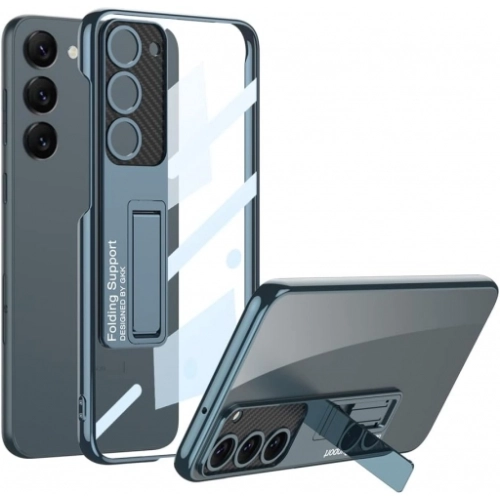 Samsung Galaxy S23 Plus Kılıf Kamera Korumalı Şeffaf Tasarımlı Lego Standlı Kapak - Mavi