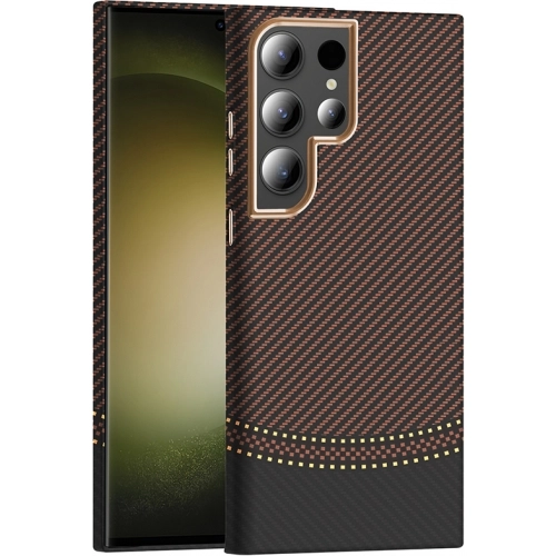 Samsung Galaxy S23 Ultra ile Uyumlu Kılıf MagSafe Şarj Özellikli Karbon Fiber Görünümlü Gros Kapak - Gold-Siyah