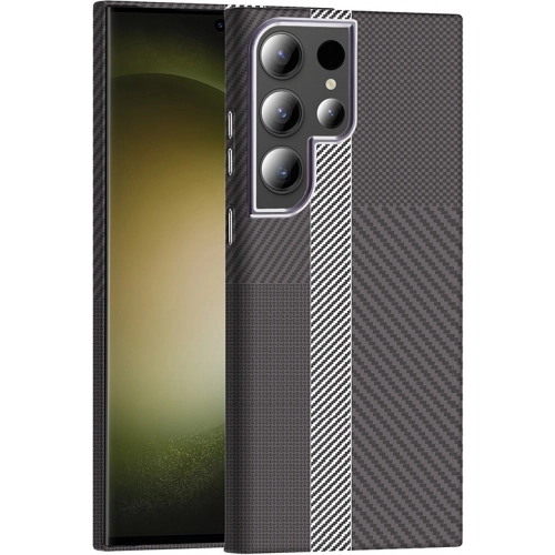 Samsung Galaxy S23 Ultra ile Uyumlu Kılıf MagSafe Şarj Özellikli Karbon Fiber Görünümlü Gros Kapak - Gri-Siyah