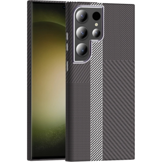 Samsung Galaxy S23 Ultra ile Uyumlu Kılıf MagSafe Şarj Özellikli Karbon Fiber Görünümlü Gros Kapak - Gri-Siyah