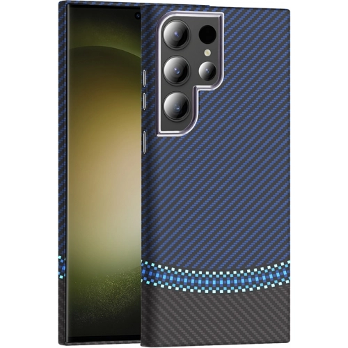 Samsung Galaxy S23 Ultra ile Uyumlu Kılıf MagSafe Şarj Özellikli Karbon Fiber Görünümlü Gros Kapak - Siyah-Lacivert