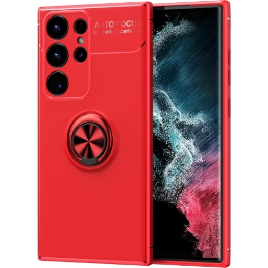 Samsung Galaxy S23 Ultra Kılıf Renkli Silikon Yüzüklü Standlı Auto Focus Ravel Kapak - Kırmızı