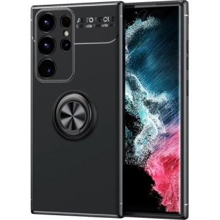 Samsung Galaxy S23 Ultra Kılıf Renkli Silikon Yüzüklü Standlı Auto Focus Ravel Kapak - Siyah