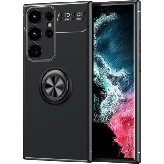 Samsung Galaxy S23 Ultra Kılıf Renkli Silikon Yüzüklü Standlı Auto Focus Ravel Kapak - Siyah