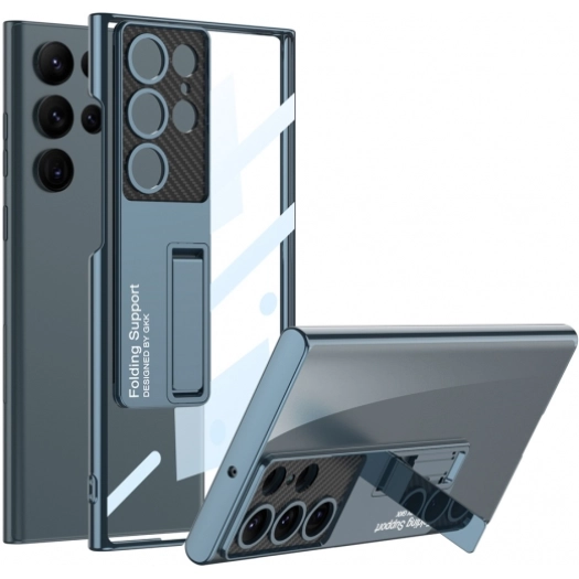 Samsung Galaxy S23 Ultra Kılıf Kamera Korumalı Şeffaf Tasarımlı Lego Standlı Kapak - Mavi