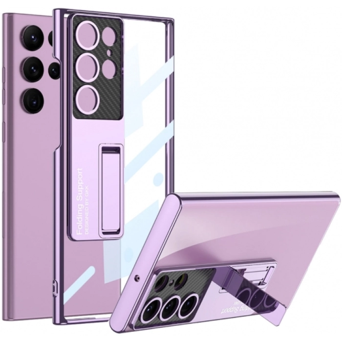 Samsung Galaxy S23 Ultra Kılıf Kamera Korumalı Şeffaf Tasarımlı Lego Standlı Kapak - Mor