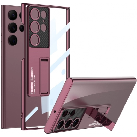 Samsung Galaxy S23 Ultra Kılıf Kamera Korumalı Şeffaf Tasarımlı Lego Standlı Kapak - Mürdüm