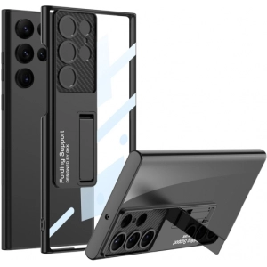 Samsung Galaxy S23 Ultra Kılıf Kamera Korumalı Şeffaf Tasarımlı Lego Standlı Kapak - Siyah