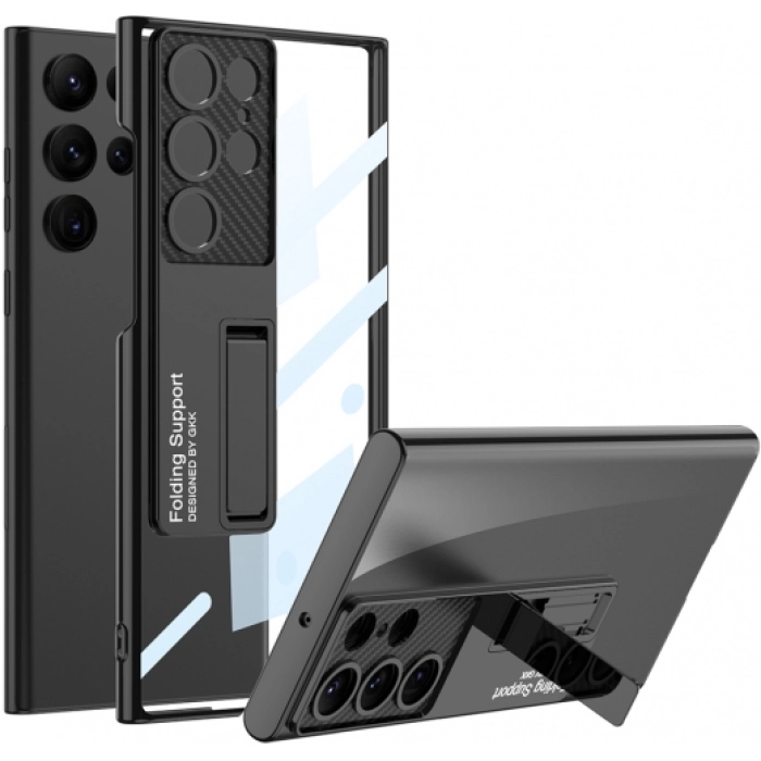 Samsung Galaxy S23 Ultra Kılıf Kamera Korumalı Şeffaf Tasarımlı Lego Standlı Kapak - Siyah