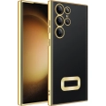 Samsung Galaxy S23 Ultra Kılıf Kamera Lens Korumalı Şeffaf Renkli Logo Gösteren Parlak Kapak - Gold