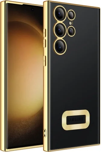 Samsung Galaxy S23 Ultra Kılıf Kamera Korumalı Silikon Logo Açık Omega Kapak - Gold