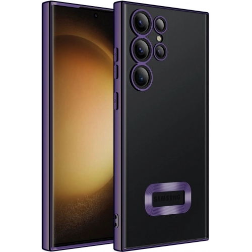 Samsung Galaxy S23 Ultra Kılıf Kamera Lens Korumalı Şeffaf Renkli Logo Gösteren Parlak Kapak - Koyu Mor