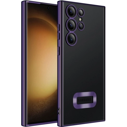 Samsung Galaxy S23 Ultra Kılıf Kamera Lens Korumalı Şeffaf Renkli Logo Gösteren Parlak Kapak - Koyu Mor