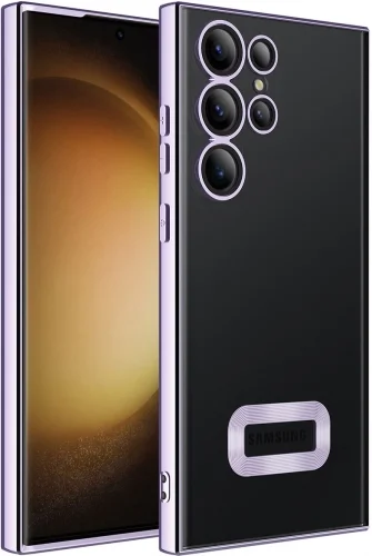 Samsung Galaxy S23 Ultra Kılıf Kamera Lens Korumalı Şeffaf Renkli Logo Gösteren Parlak Kapak - Lila