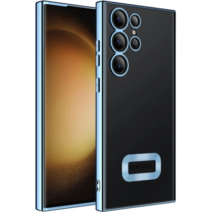 Samsung Galaxy S23 Ultra Kılıf Kamera Lens Korumalı Şeffaf Renkli Logo Gösteren Parlak Kapak - Mavi