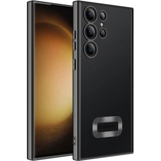 Samsung Galaxy S23 Ultra Kılıf Kamera Lens Korumalı Şeffaf Renkli Logo Gösteren Parlak Kapak - Siyah