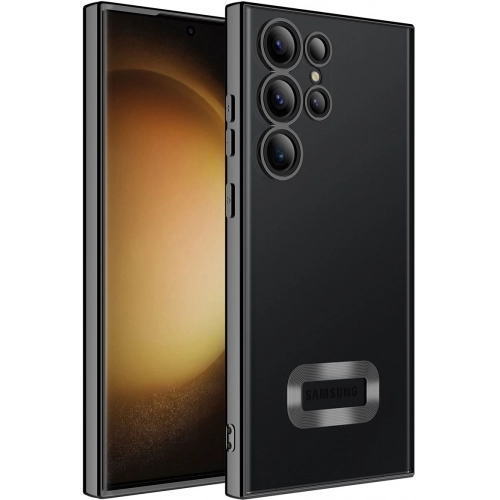 Samsung Galaxy S23 Ultra Kılıf Kamera Lens Korumalı Şeffaf Renkli Logo Gösteren Parlak Kapak - Siyah