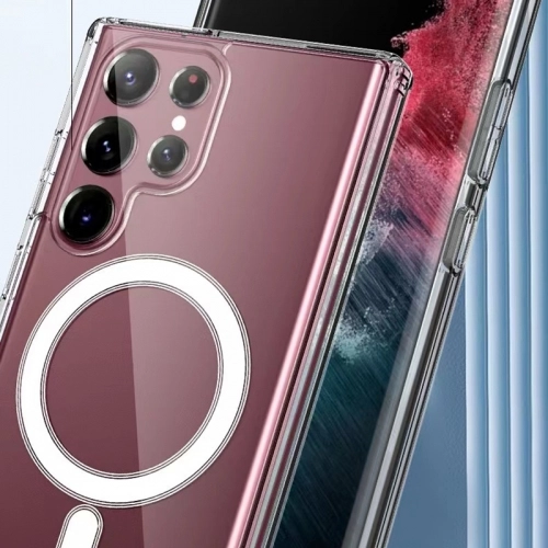 Samsung Galaxy S23 Ultra Kılıf Magsafe Şarj Özellikli Şeffaf Sert PC Embos Kapak - Şeffaf