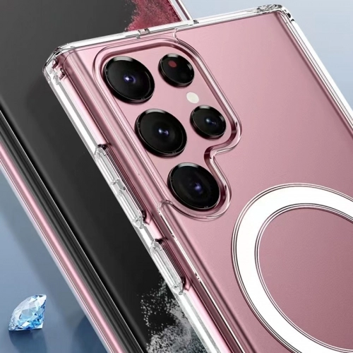 Samsung Galaxy S23 Ultra Kılıf Magsafe Şarj Özellikli Şeffaf Sert PC Embos Kapak - Şeffaf