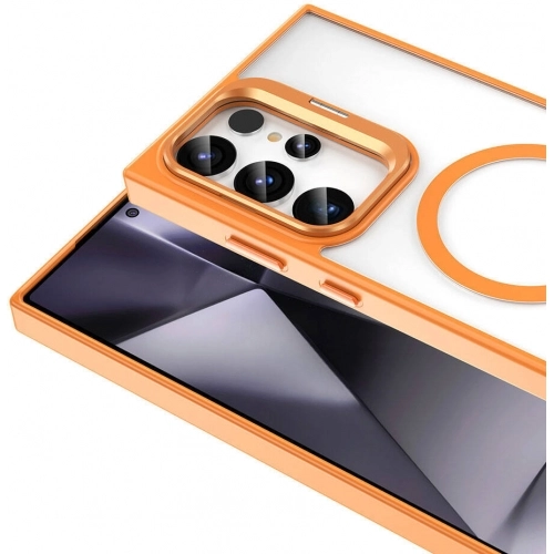 Samsung Galaxy S23 Ultra Kılıf Magsafe Wireless Şarj Özellikli Standlı Magsafe Klon Lensli Kapak - Turuncu