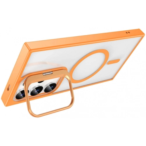 Samsung Galaxy S23 Ultra Kılıf Magsafe Wireless Şarj Özellikli Standlı Magsafe Klon Lensli Kapak - Turuncu