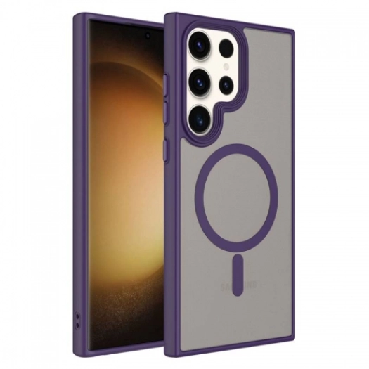 Samsung Galaxy S23 Ultra Kılıf Mat Arka Yüzey Wireless Şarj Özellikli Flet Magsafe Kapak - Koyu Mor