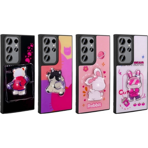 Samsung Galaxy S23 Ultra Kılıf Parlayan Kabartmalı İkonik Figürlü Amas Silikon Kapak - Mor